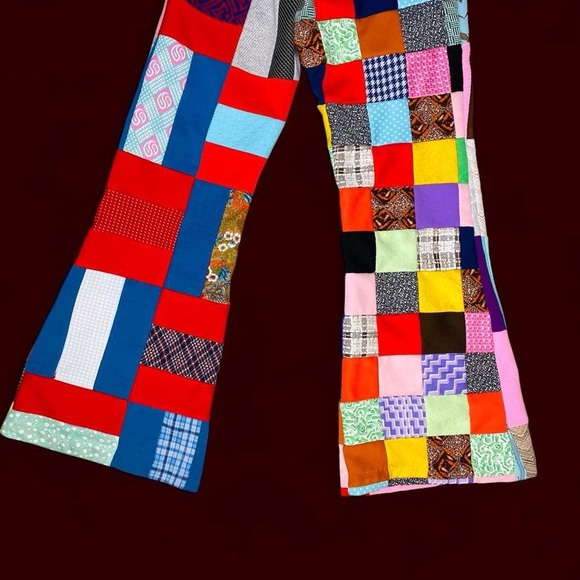 Vintage 70’s Handmade Colorful Patchwork Hippie Festival High Rise Flare Pants - Picture 7 of 8